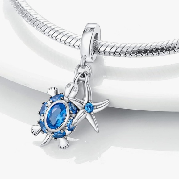 Sterling Silver Crystal sea turtle and starfish charm fits all pandoras - Picture 2 of 2